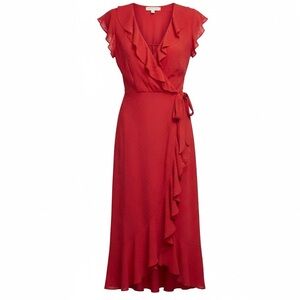 Monteau Red Ruffle Faux Wrap Dress Midi Size Small Swiss Dot Pattern Romantic
